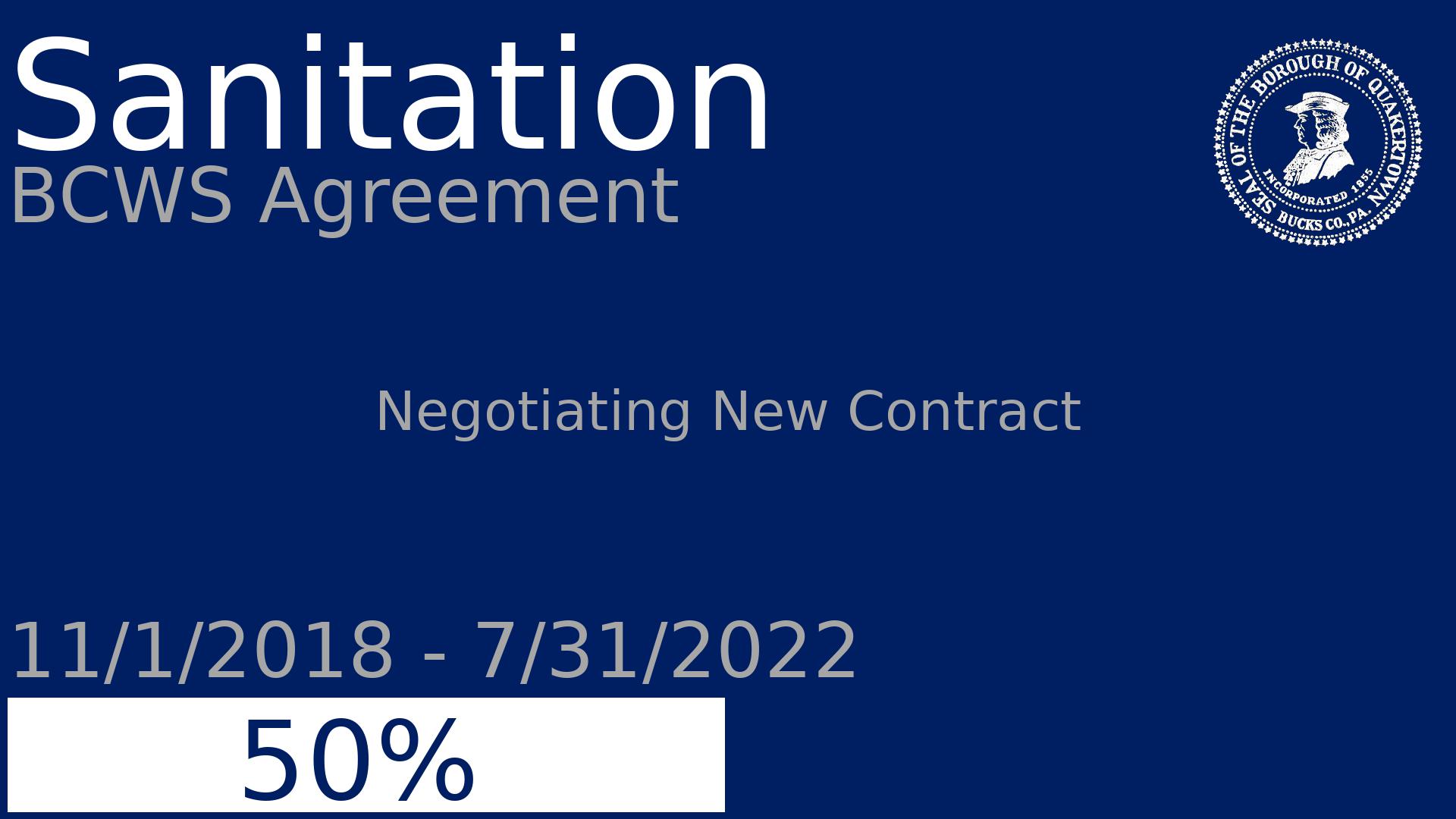 Department: Sanitation, Project: BCWS Agreement, Dates: 11/1/2018 - 7/31/2022, Status: 50, Description: Negotiating New Contract