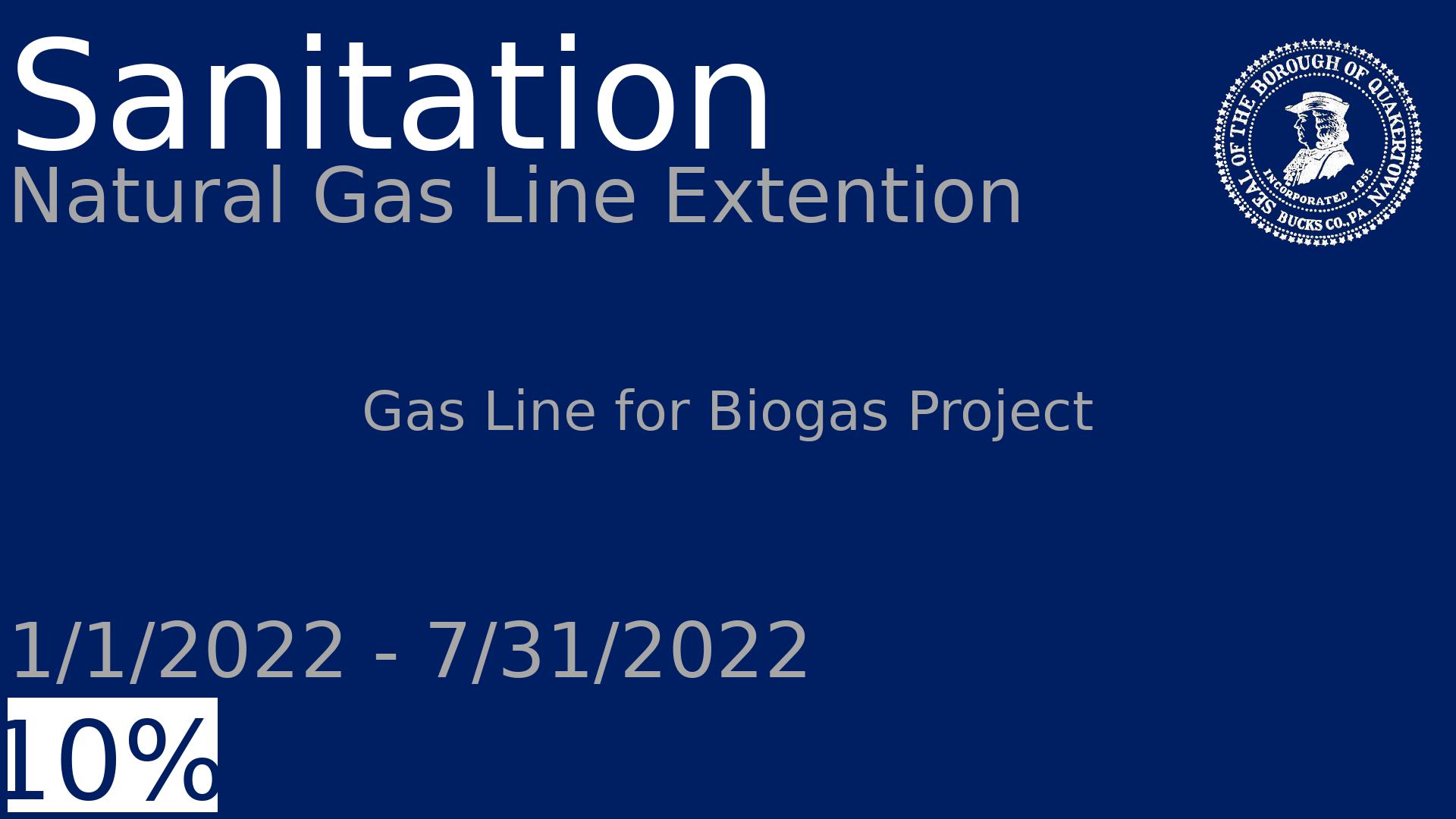 Department: Sanitation, Project: Natural Gas Line Extention, Dates: 1/1/2022 - 7/31/2022, Status: 10, Description: Gas Line for Biogas Project