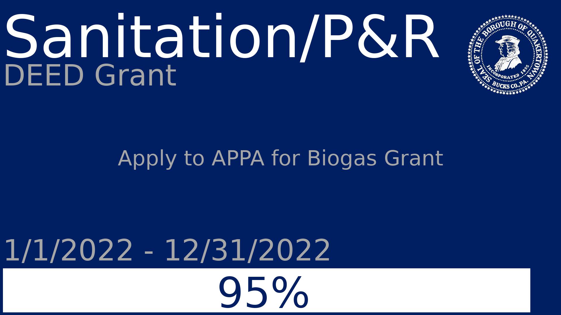 Department: Sanitation/P&R, Project: DEED Grant, Dates: 1/1/2022 - 12/31/2022, Status: 95, Description: Apply to APPA for Biogas Grant