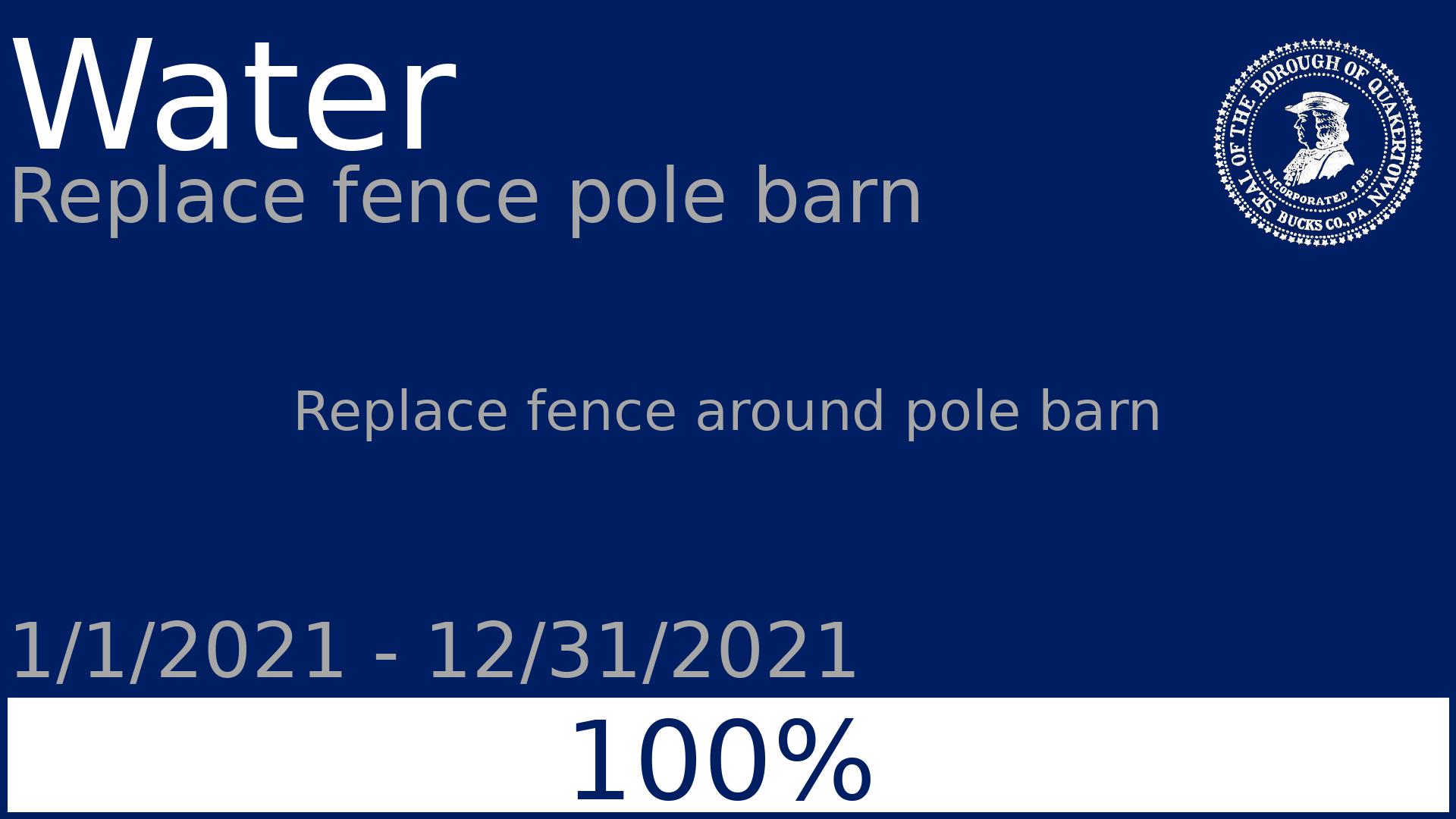 Department: Water, Project: Replace fence pole barn, Dates: 1/1/2021 - 12/31/2021, Status: 100, Description: Replace fence around pole barn