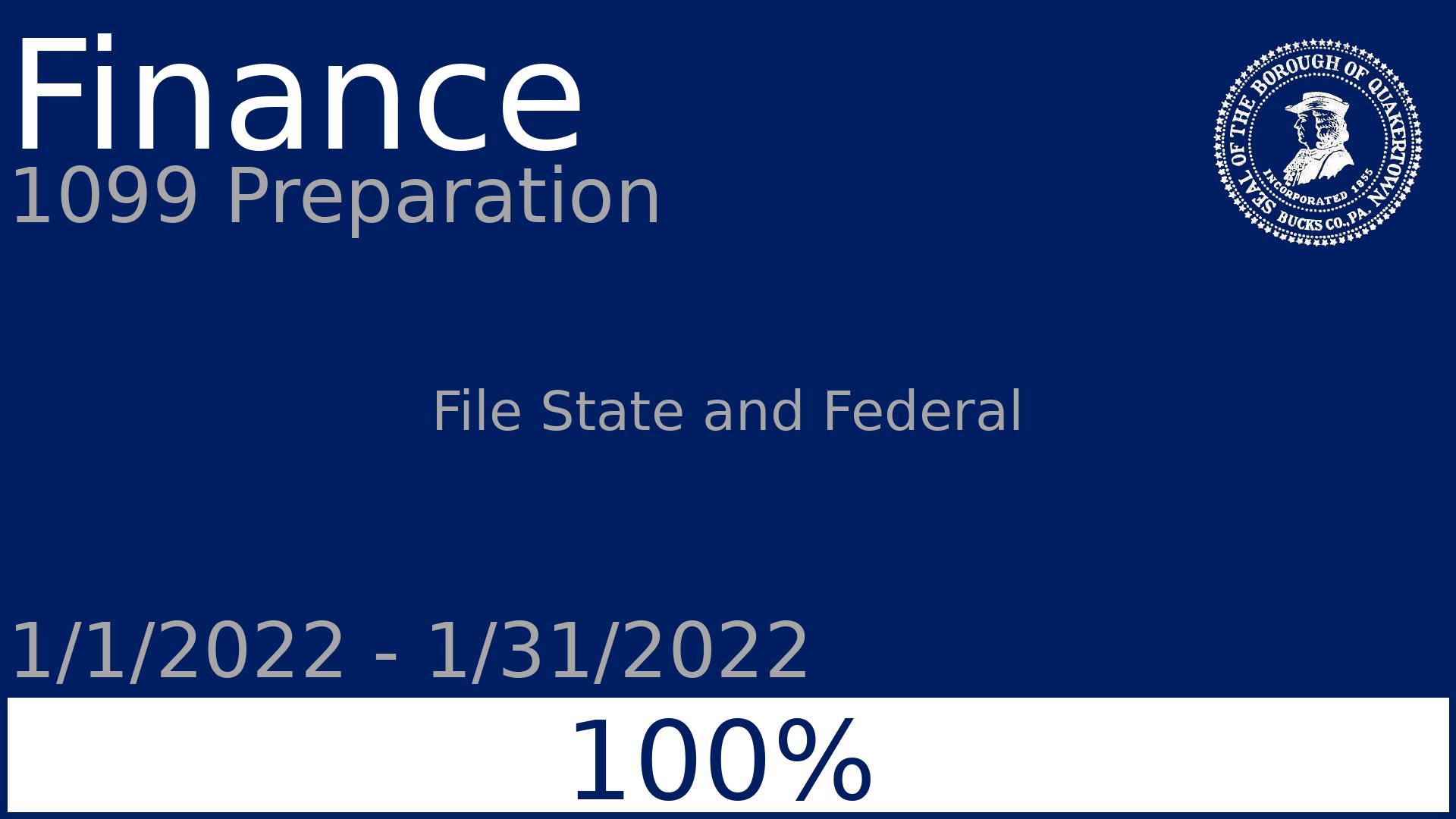 Department: Finance, Project: 1099 Preparation, Dates: 1/1/2022 - 1/31/2022, Status: 100, Description: File State and Federal