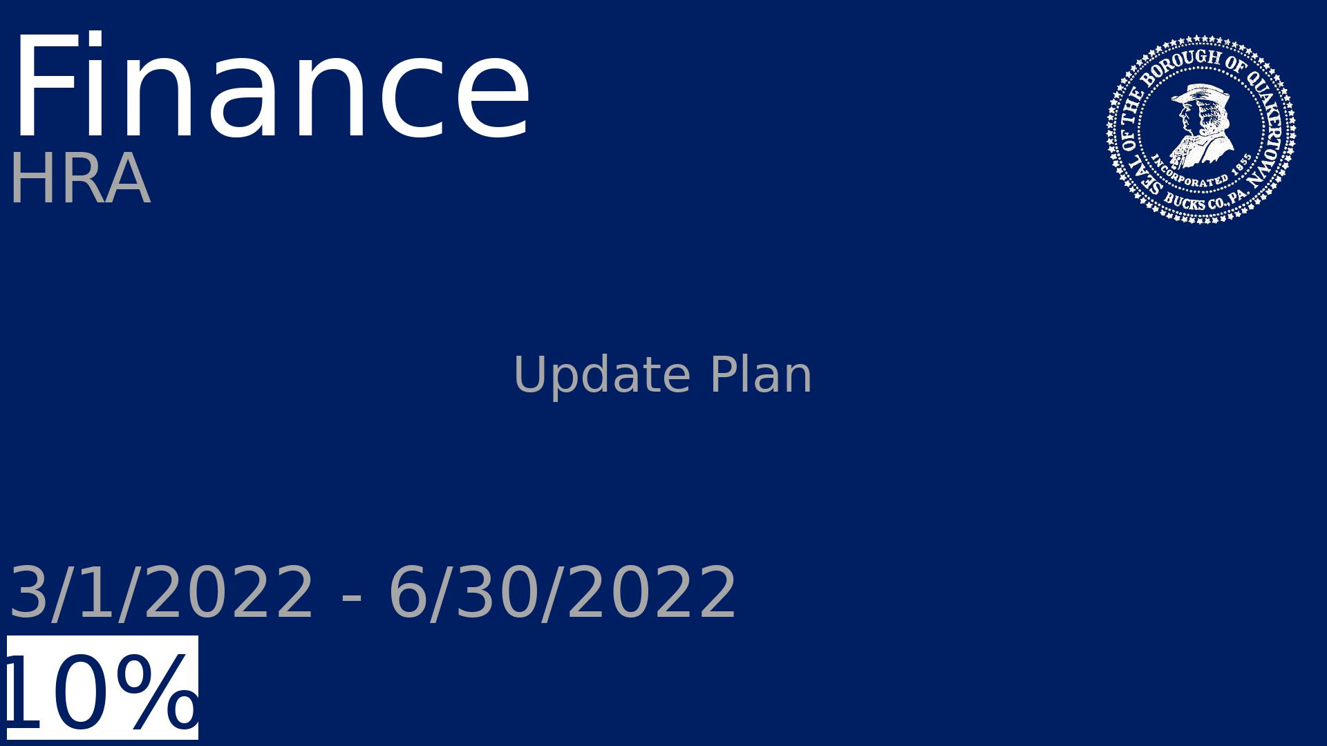 Department: Finance, Project: HRA, Dates: 3/1/2022 - 6/30/2022, Status: 10, Description: Update Plan