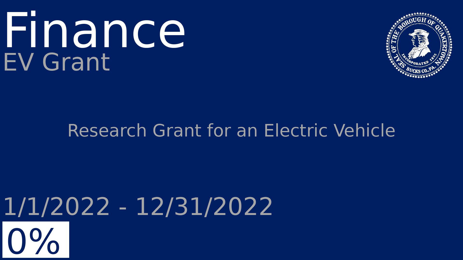 Department: Finance, Project: EV Grant, Dates: 1/1/2022 - 12/31/2022, Status: 0, Description: Research Grant for an Electric Vehicle