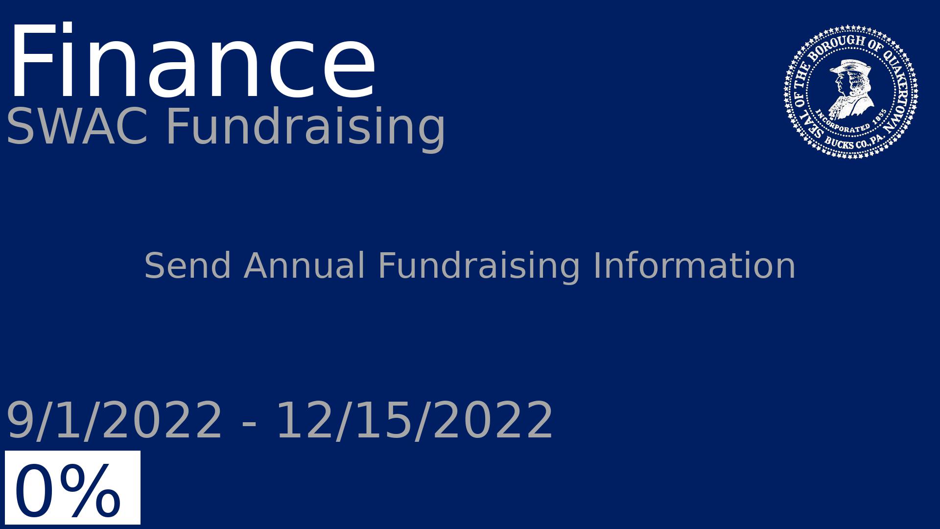 Department: Finance, Project: SWAC Fundraising, Dates: 9/1/2022 - 12/15/2022, Status: 0, Description: Send Annual Fundraising Information