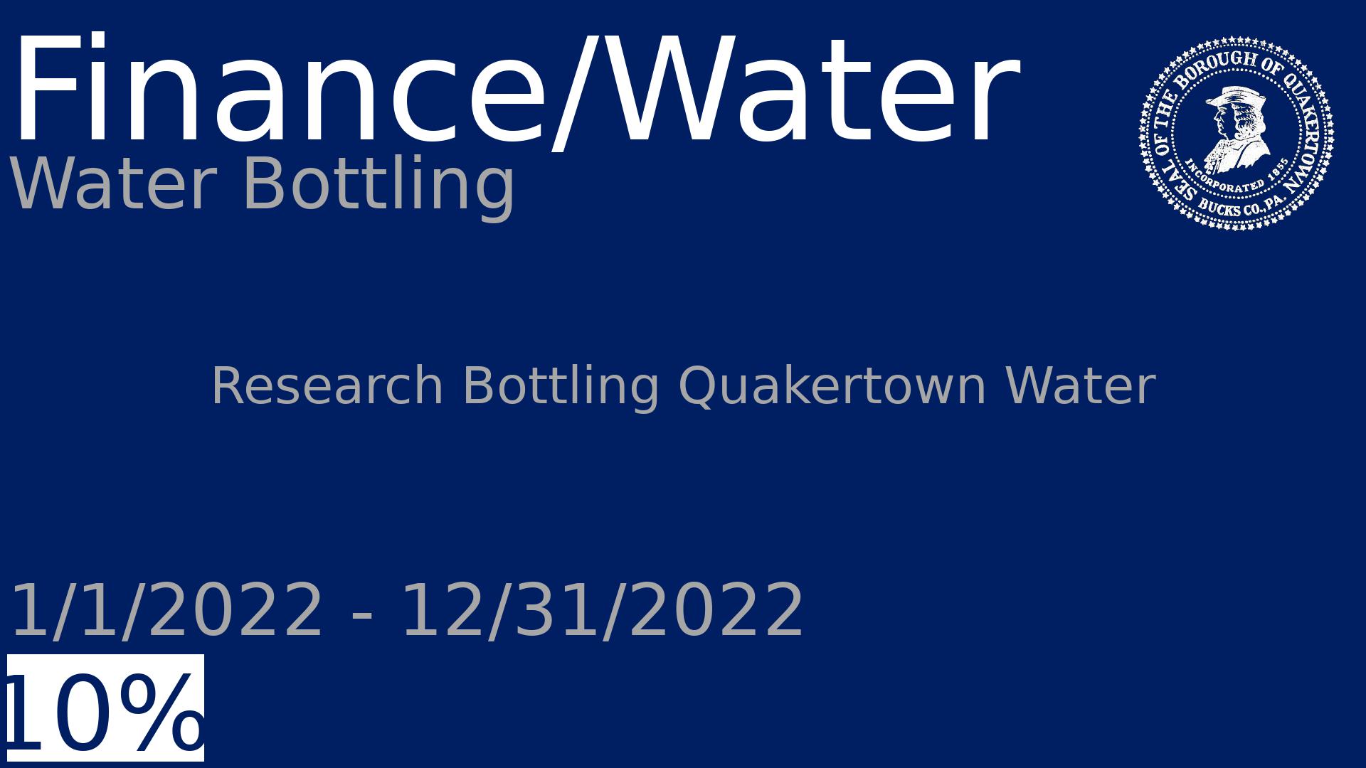 Department: Finance/Water, Project: Water Bottling, Dates: 1/1/2022 - 12/31/2022, Status: 10, Description: Research Bottling Quakertown Water