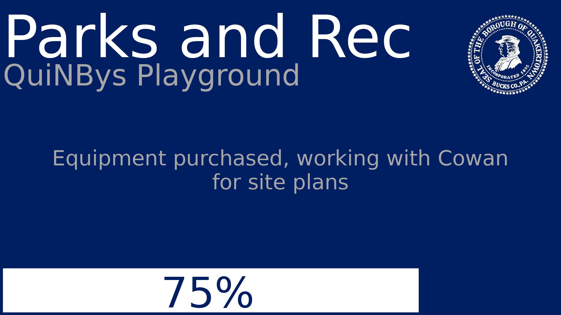 Department: Parks and Rec, Project: QuiNBys Playground, Dates:   - None, Status: 75, Description: Equipment purchased, working with Cowan for site plans