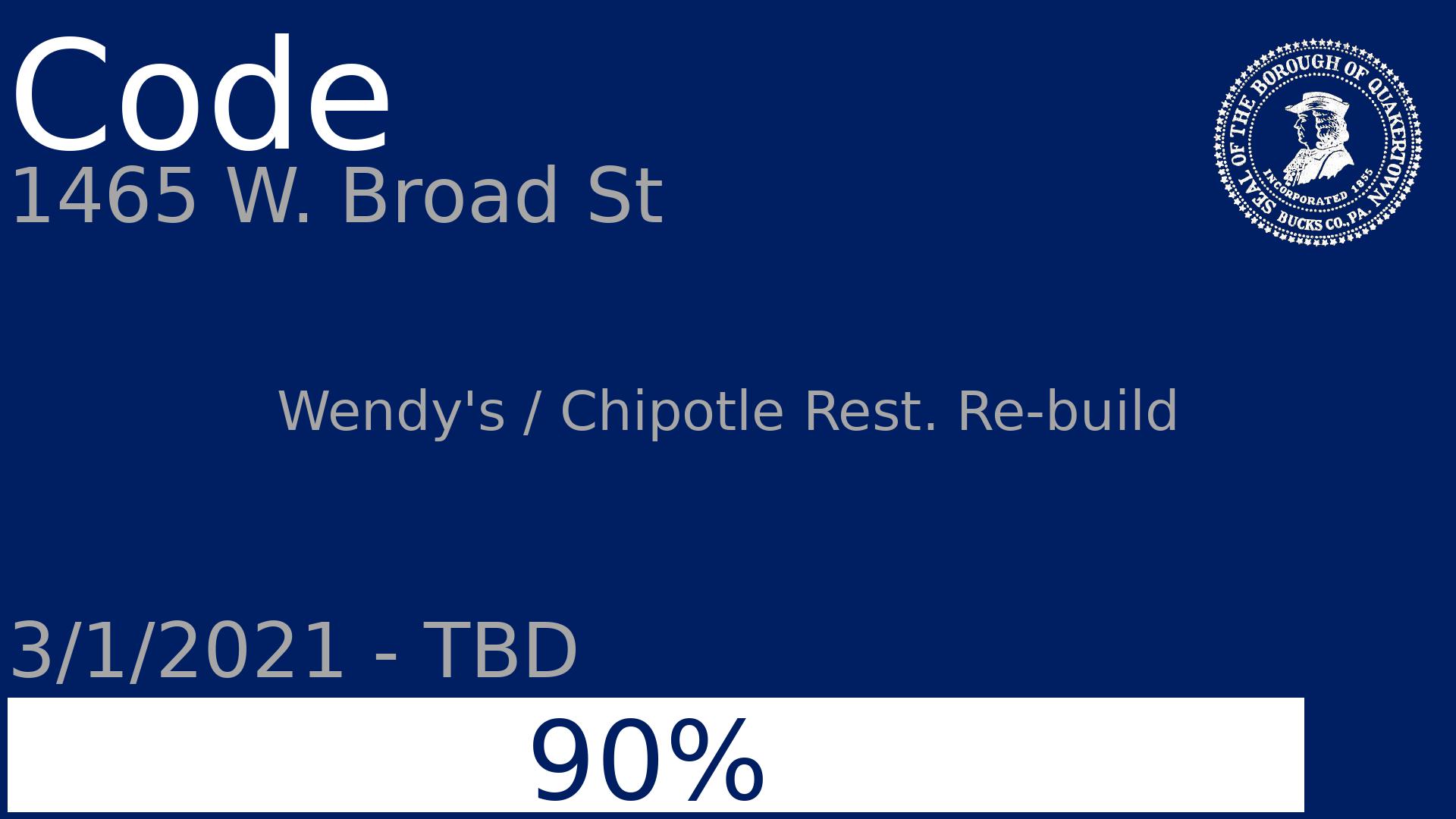 Department: Code, Project: 1465 W. Broad St, Dates: 3/1/2021 - TBD, Status: 90, Description: Wendy's / Chipotle Rest. Re-build