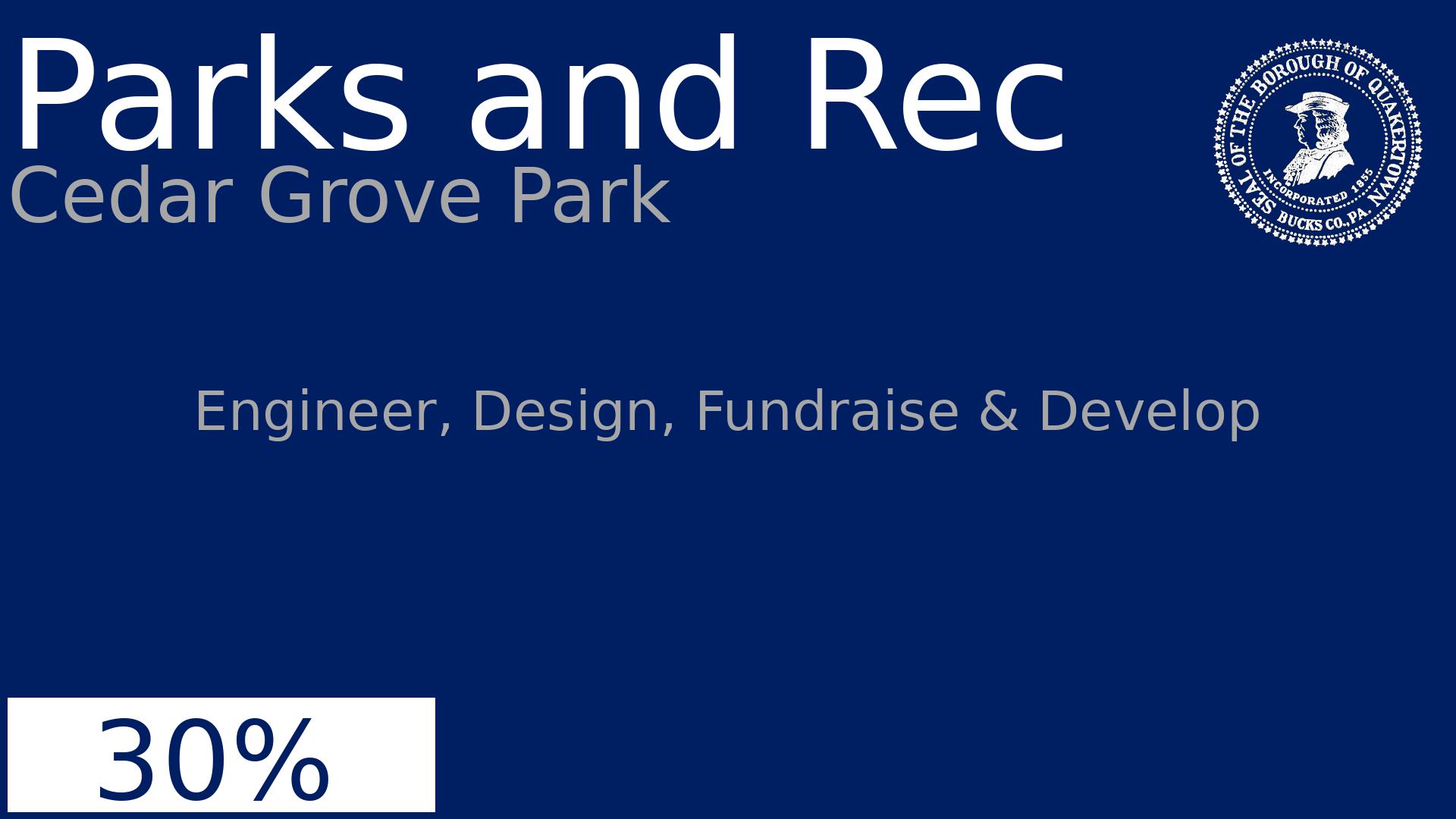 Department: Parks and Rec, Project: Cedar Grove Park, Dates:   - None, Status: 30, Description: Engineer, Design, Fundraise & Develop