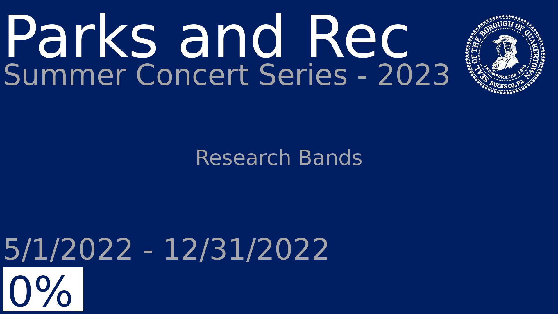 Department: Parks and Rec, Project: Summer Concert Series - 2023, Dates: 5/1/2022 - 12/31/2022, Status: 0, Description: Research Bands