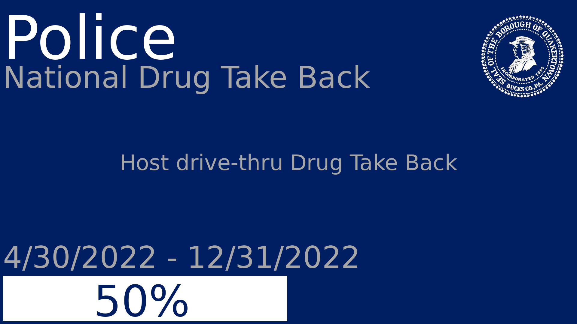 Department: Police, Project: National Drug Take Back, Dates: 4/30/2022 - 12/31/2022, Status: 50, Description: Host drive-thru Drug Take Back