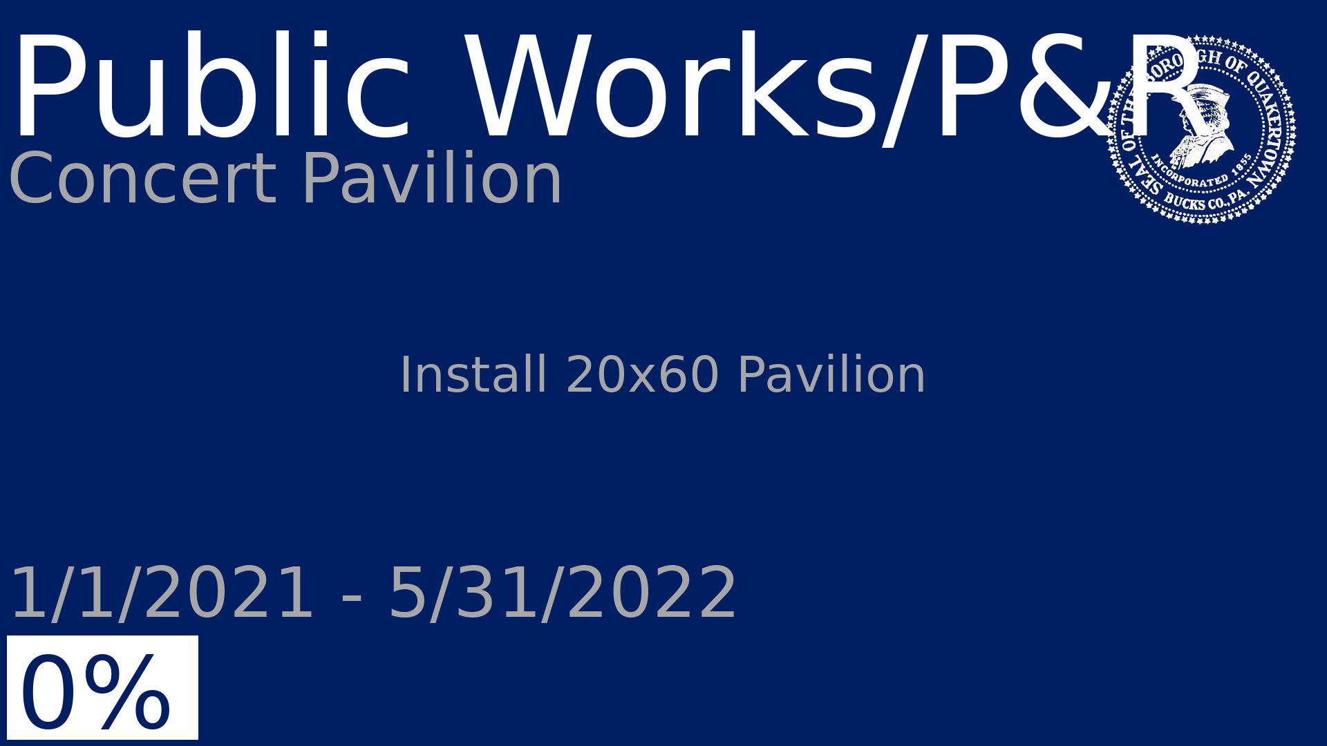 Department: Public Works/P&R, Project: Concert Pavilion, Dates: 1/1/2021 - 5/31/2022, Status: 0, Description: Install 20x60 Pavilion