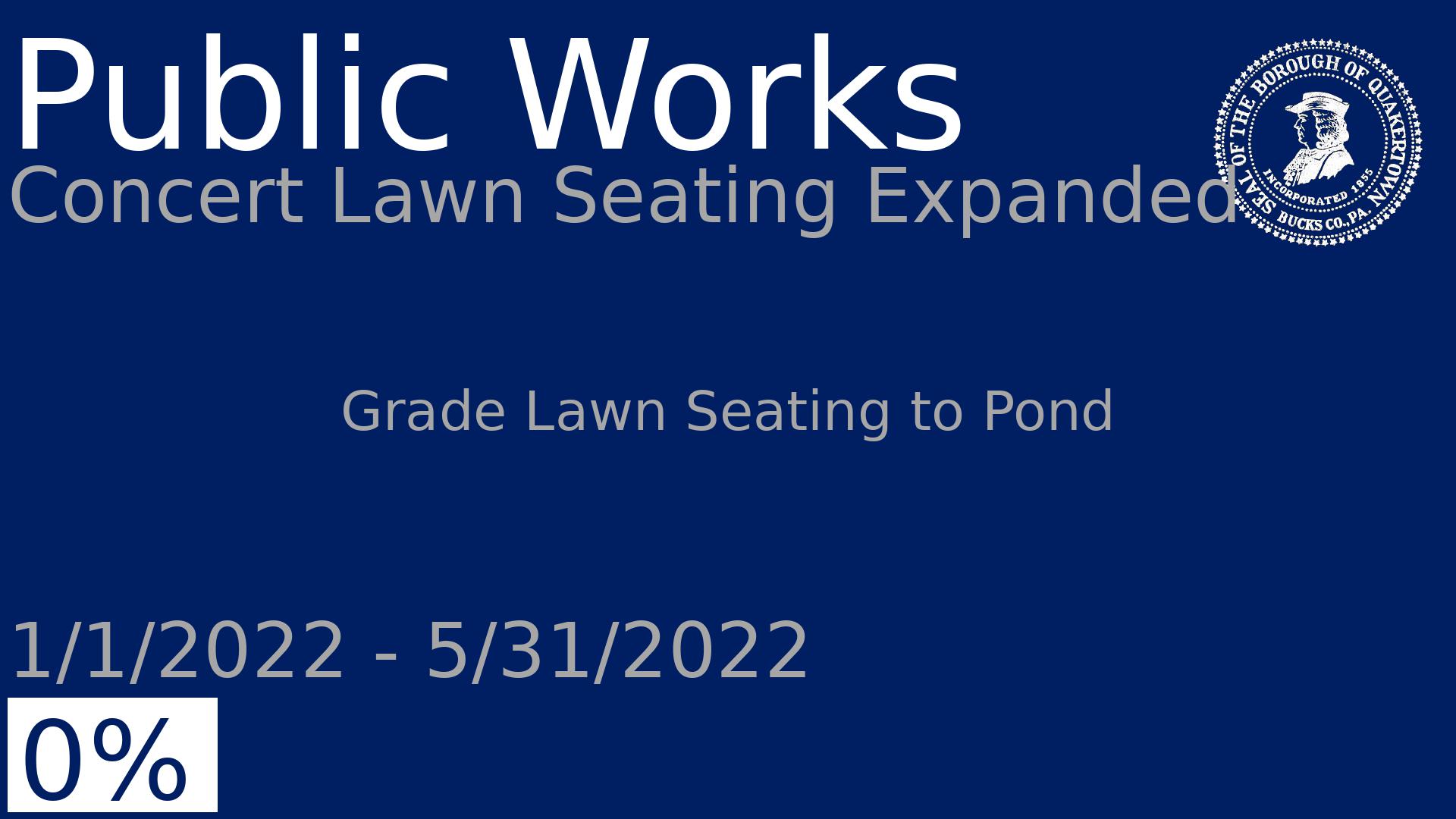 Department: Public Works, Project: Concert Lawn Seating Expanded, Dates: 1/1/2022 - 5/31/2022, Status: 0, Description: Grade Lawn Seating to Pond