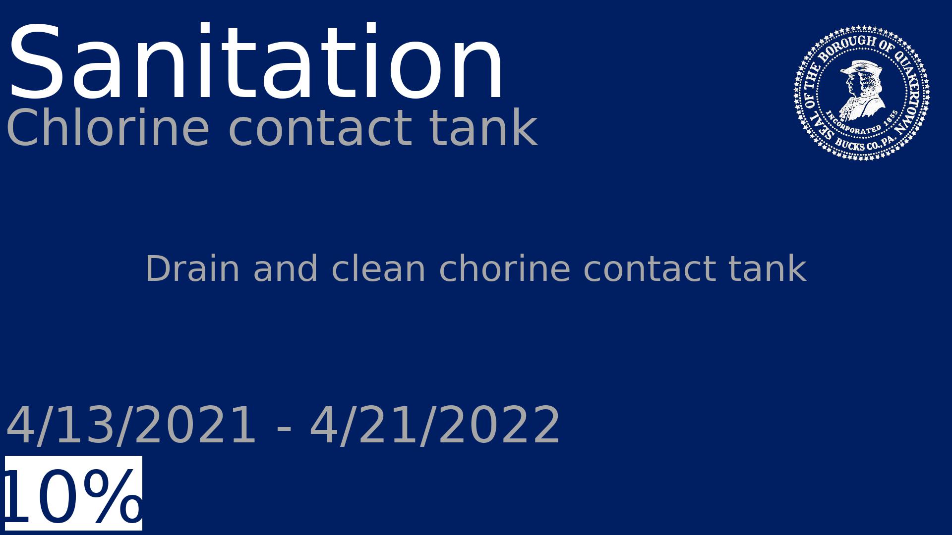 Department: Sanitation, Project: Chlorine contact tank, Dates: 4/13/2021 - 4/21/2022, Status: 10, Description: Drain and clean chorine contact tank