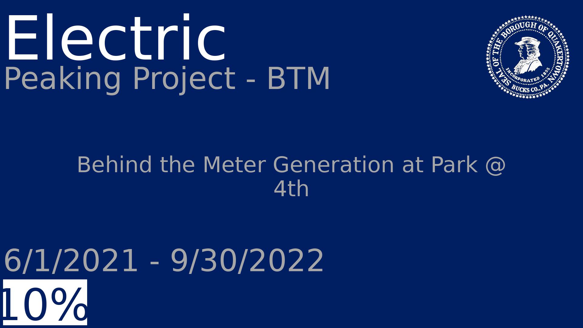 Department: Electric, Project: Peaking Project - BTM, Dates: 6/1/2021 - 9/30/2022, Status: 10, Description: Behind the Meter Generation at Park @ 4th